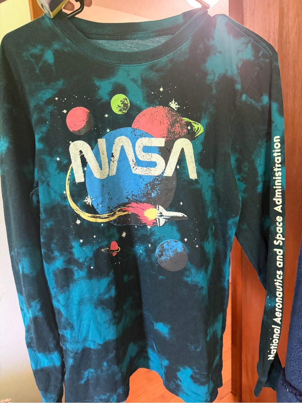 Fifth Sun Kids Long Sleeve NASA Tee - Teal Tie-Dye with Multicolor Planets
